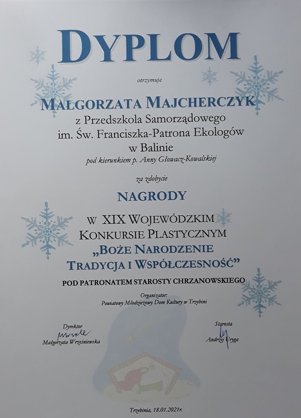 Zdjęcie przedstawia dyplom pamiątkowy z konkursu „Boże Narodzenie – tradycja i współczesność”.